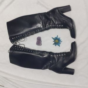 Black Knee High Leather Zipper Heel Boots